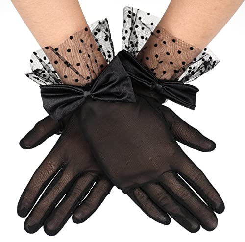 Yolev Lace Gloves for Women Wedding Bow Tulle Lace Gloves | Short Mesh Bridal Gloves Vintage Tea Party Gloves for Dinner Wedding Prom Halloween Party