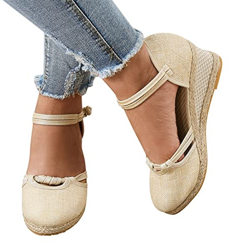 Roman Sandals Women - Summer Women Buckle Espadrille - Platform Wedge Sandals - Fashion Versatile Braided Linen Breathable Shoes - Closed Round Toe Leisure Sandals, beige, 39 EU