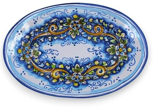 SICILIA BEDDA CAPACI Vassoio Ovale Caltagirone, Piatto da Portata - con 3 opzioni Dimensione (1Unità) Fondo Blu e Floreale - Misura Grande