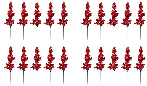 Oikabio Künstliche rote Beeren, dekorative Zweige mit Beeren, Herbstzweige, Weihnachtsspieße, Zweigbeeren, 30 Stück