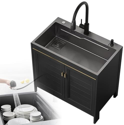 Évier Inox de Cuisine 1 Bac Évier sur Pieds en Acier Inox avec armoire, Évier de Cuisine avec Meuble, Evier Exterieur de Jardin, Pour Garage, Restaurant, Buanderie,68x45x80cm