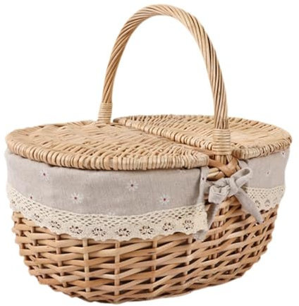 ＡＷＨＡＯ Picknickkorb aus Rattan, Aufbewahrungskorb aus Weide, Servierkorb, geflochtener Korb zur Dekoration für das Zuhause, beige grau, groß