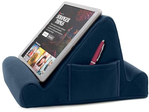 Brookstone Tablet Lap Cushion - Tablet/Phone/Ebook Holder for Bed, Flights, and Travel, Memory Foam Lap Desk for Reading and Hands Free Viewing, Compatible iPad and Kindle Accessories, Blue