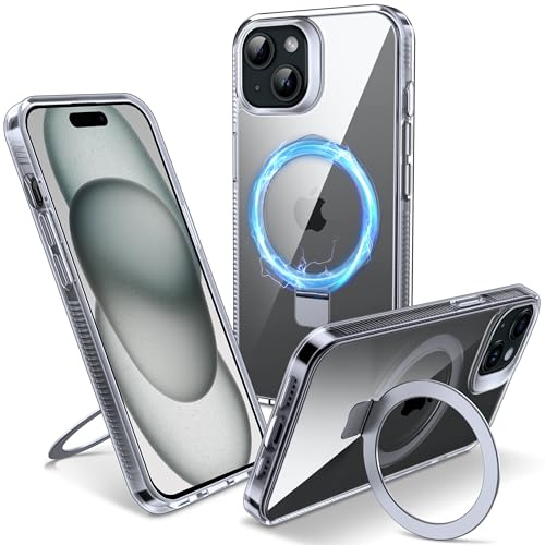 Flyzoo Magnetic Kickstand Case for iPhone 15, [Compatible with MagSafe & Invisible Ring Stand Holder] [Non-Yellowing & Shockproof] Clear Transparent Hard Silicone Edge Cover, 6.1'', Clear