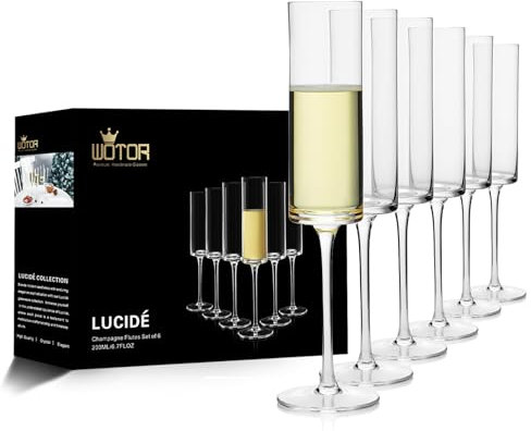 WOTOR Flûtes à Champagne en Cristal, Set de 6 Verres Soufflés à la Main, 200 ml, Cadeau Unique pour Anniversaire, Mariage, Saint-Valentin - Verres Clairs pour Femmes et Hommes