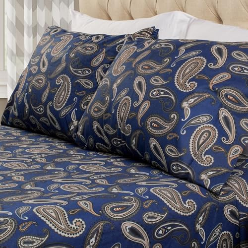 Superior Flannel Brushed Cotton Paisley Bed Sheet Set, Soft, Warm Bedding, Bohemian Floral Sheets, Bedroom Decor, 1 Flat Sheet, 1 Elastic Deep Pocket Fitted Sheet, 2 Pillowcases, King, Navy Blue