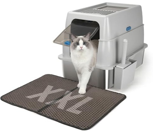 Nobleza - Bandeja de cama cerrada de acero inoxidable con tapa XXL, resistente a los olores, limpieza rápida, incluida pala + alfombra para gatos