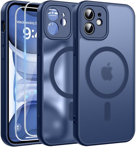 FLLAO Funda para iPhone 11, Compatible MagSafe, con 2 Piezas Protector de Pantalla Cristal Templado, [Protección de Cámara] Magnética Carcasa Translúcida Mate Trasera Fina Antigolpes, Azul Navy