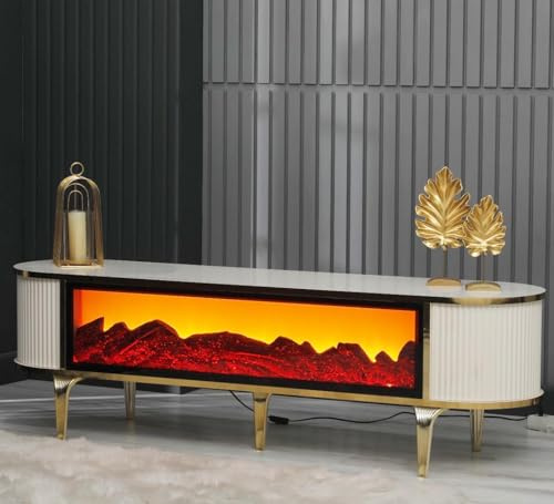 Stella Furniture Fireplace TV Stand Cabinet with Remote Control, White and Gold TV Unit, Full Screen Realistic Flame Effect, Electric, No Heating Function