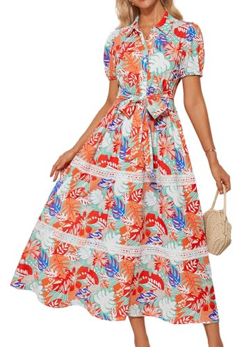 GRACE KARIN Damen Festival Hochzeit Sommerkleid Elegant Hochzeitsgast Leichte Cool Kleid Kurzarm Maxikleid Strandkleid Rote Blätter-Grün XXL