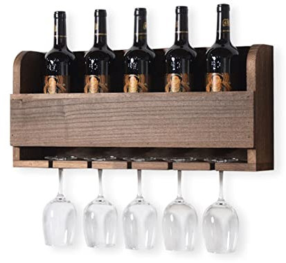 Soporte flotante de madera rústica para copas de vino para cocina, sala de estar, bar, nogal, 60 x 27 x 12 cm