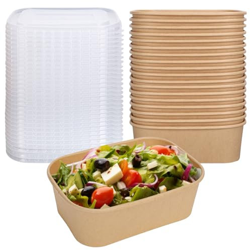 FYSUIMU 100 ciotole usa e getta in carta kraft da 760 ml, con coperchio, rettangolari, contenitori per alimenti, insalatiere per casa, campeggio, ristorante, da asporto caldo e freddo