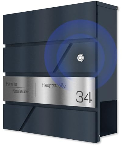 Graviers Design Briefkasten mit Funkklingel in Anthrazit RAL 7016 - Wandbriefkasten personalisiert Edelstahl Lasergravur Name Hausnummer Straßenname - Postkasten Schloss Zeitungsfach Design 2