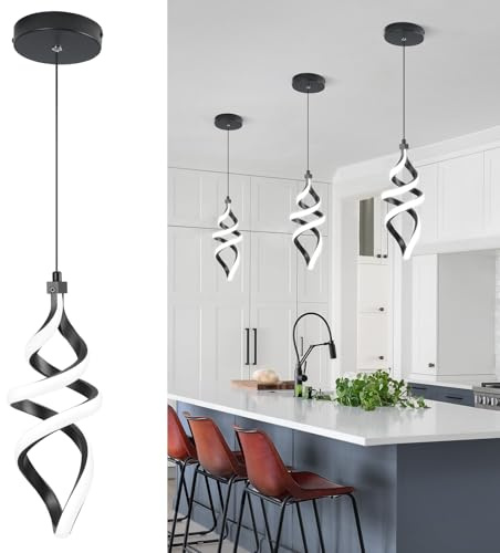 Modern Led Pendant Light Fixture, 15W Black Spiral Led Chandelier Hanging Lamp, 4500K Daylight White Pendant Lamp, Adjustable Height Pendant Light for Kitchen Dining Room Bedroom Kitchen Island Cafe