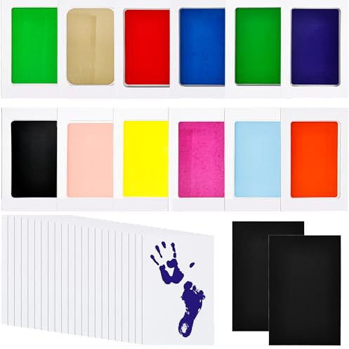 12 Set Baby Inkless Handprint and Footprint Kit Clean Touch Dog Paw Print Stamp Ink Pad Kit Includes 12 Pcs Colorful Ink Pad and 24 Imprint Card for Newborn Registry Gifts Family Keepsake
