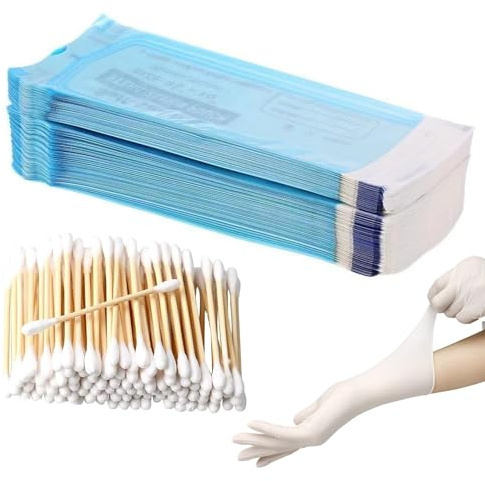 Steribeutel für Autoklaven, Sterilization Bags, Einweg Sterilisationsbeutel, Selbstversiegelnde Sterilisationsbeutel, 150 Selbstdichtender Sterilisationsbeutel Mit 100 Wattestäbchen (57 * 130mm)