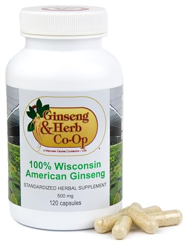 100% Pure Wisconsin American Ginseng Capsules - 500mg. Authentic Panax Quinquefolius. Potent Ground Ginseng Root - No Fillers, Binders or Other Additives. (120 Count)