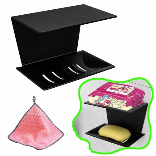 1 Self-adhesive Multifunctional Draining Soap Dish (Soap Holder) with Shelf Used in Shower,Bathroom,Kitchen,Bath and Toilet.Installing without Drilling Hole (1, general black, size A)