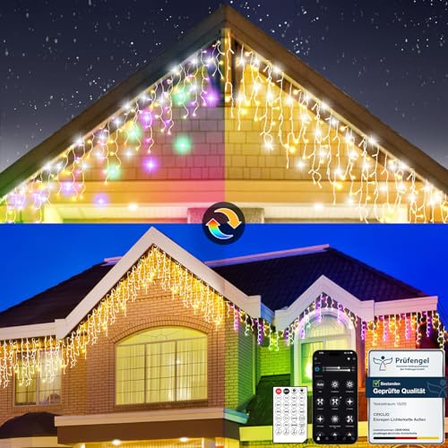 Circlio Luces Navidad Exterior, Cortina Luces Exterior Blanco Cálido y RGB, Luz Navidad con Control Remoto y APP, 17 Modos+4 Brillos+Temporizador, Decoracion Christmas (5M-200L,C/RGB)