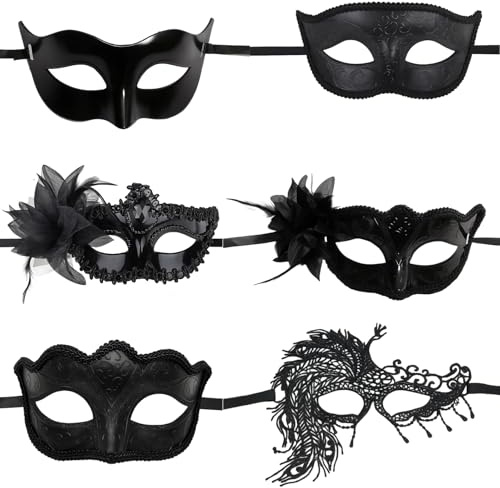 JazRvr 6 Stück Venezianische Maske Herren, Maskenball Kostüm Set für Karneval, Halloween, Maskerade, Verkleidung, 6 Stück Masken Gesicht mit Seitenschmuck, Elegante Schwarz und Blumenmuster