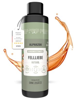 alphazoo Fellliebe Olio naturale per mangimi da 250 ml, cura del pelo per gatti, Omega-3 Omega-6, naturale contro prurito e forfora, con olio di salmone, olio di mandorle e olio di argan, miscela di