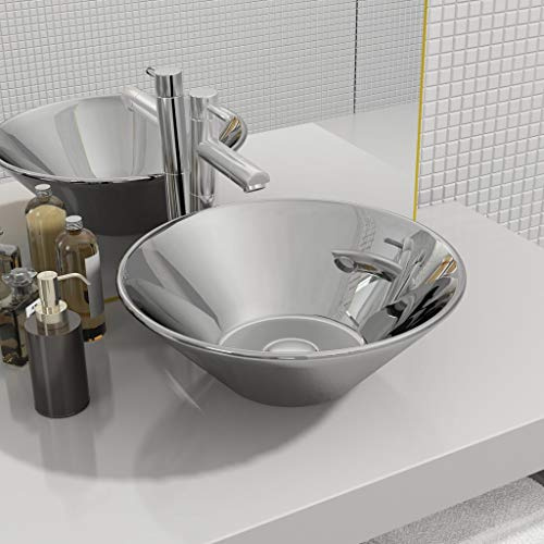 Lavabo Rond with Céramique, Design Moderne, Vasque à Poser Salle de Bain, Lavabo Salle de Bain, Meuble Vasque Salle de Bain, Argent, 42 x 14 cm
