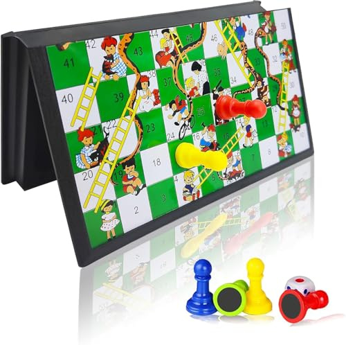 Schlangen und Leitern, Magnetisch Faltbares Brettspiel, Traditionelles Leiterspiel,Reisespiele für Kinder