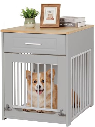 DAWNYIELD Möbel Hundebox für kleine Hunde mit Schublade, Grau | Hundekäfig mit Klappe nach Oben Tür, Holz-Hundezwinger mit verriegelbarer Tür, Hundehütte als Beistelltisch nutzbar