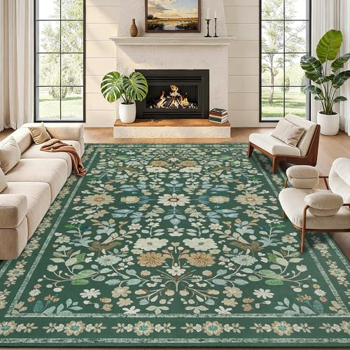 Homcomodar Green Large Rugs for Living Room 200x300cm Washable Area Rugs for Bedroom Boho Vintage Rug Soft Short Pile Rug Non Slip Floor Carpet for Living Room Dining Kitchen Office Decor