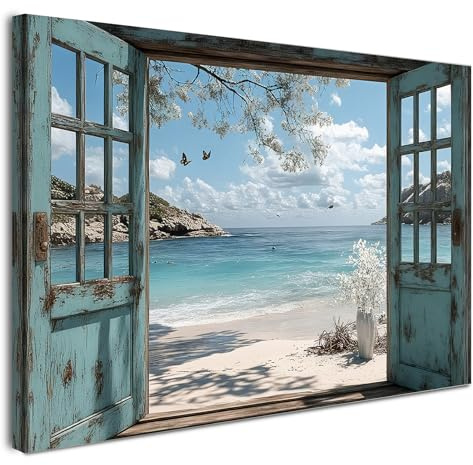 Vintage Wandbild mit Rahmen 30×40 cm – Offenes Fenster am Strand Leinwandbild für Wohnzimmer Schlafzimmer Küche Büro – Moderne Bilder inkl. Haken, Nägel & Magischer Klettbefestigung – Wanddeko