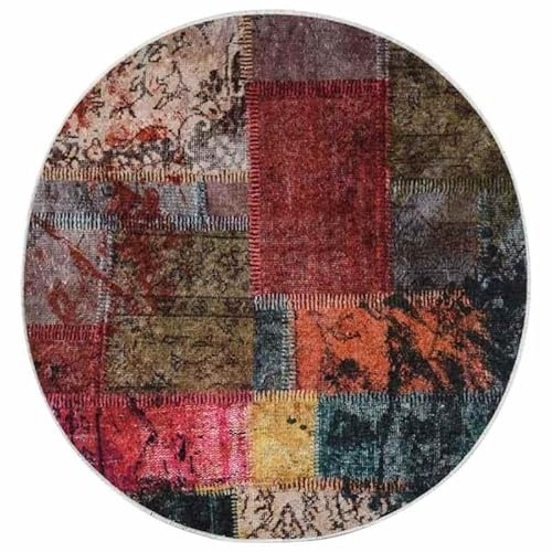 Eleganz Tappeto lavabile patchwork φ120 cm, rivestimento antiscivolo in 100% poliestere per soggiorno, camera da letto, facile da pulire, resistente ed elegante