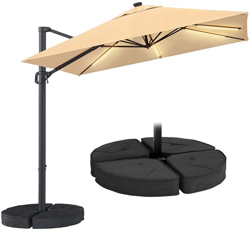 HOMVIMI 3 m quadratischer Cantilever Terrassenschirm inklusive Basis, Solarbeleuchtung großer Außenschirm für Terrasse mit 360°-Drehung & Neigung, Beige