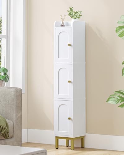 Hzuaneri Meuble de Salle de Bain, Armoire de Salle de Bain étroite, 4 Pieds Réglables, Étagères Réglables, Baffle Supérieur, 3 Portes, Adaptée aux Espaces Réduits, 20 x 20 x 108,5 cm, Blanc BC22313G