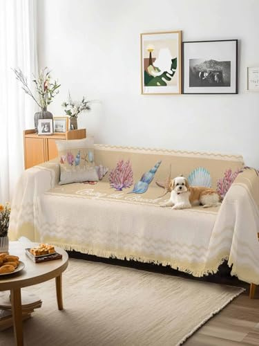 Yellow Summer Coastal Sofa Cover Blanket Couch Covers for Armchair Cushion,Couch Sofa Silpcover with Tassel,Modern Ocean Waves Starfish Shell Living Room Throw Towel Blanket Covers XX-L 71x150