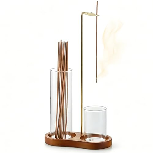 Porta incenso con base in legno, con portacenere in vetro, rimovibile, per meditazione, zen, yoga, a forma di pianta tropicale, decorazione da bagno