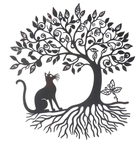 ROCKING GIFTS Adorno de Pared Árbol de la Vida con Gato de Metal Negro 50x46 cm - Arte Mural Silueta para Hogar o Jardín