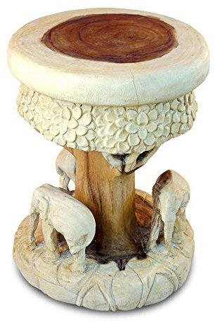 Kinaree Handgeschnitzter Beistelltisch TATAI aus massivem Suar Holz – Elefantenmotiv, exotisch und einzigartig, nachhaltig und langlebig