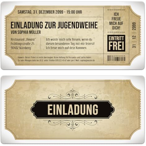 Kartenmachen.de Personalisierte Jugendweihe Einladungskarten 10-100 Stück selbst gestalten - Vintage Eintrittskarten in Weiß - DIN Lang 210x99mm