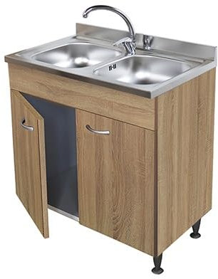 Meuble sous évier en teck, 2 portes pour évier en acier inoxydable 80 cm (non compris).