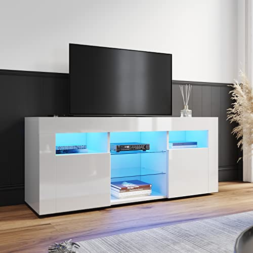 ELEGANT TV Stand Cabinet White Gloss 120cm, TV Unit with LED Lights, Modern Storage Cabinet with 2 Glass Shelves and 2 Doors, Handleless Design, TV Cabinets for Living Room Bedroom