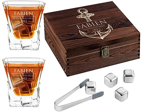 Maverton 8 Pierres à Refroidissement & 2 Verres gravés - Verres à Whisky 250 ML dans la boîte Personnalisée en Bois - Cadeau d'anniversaire pour Chaque Homme - Frère