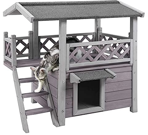 Cat House with Door for Feral Cats, Rainproof Outside Kitty House, 2 Story Wooden Kitten Condo with Stairs (AIR09-BS)