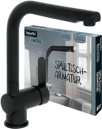 aquaSu® Limited Küchenarmatur Spüle, Kosten-sparende Kaltwassermittelstellung, Spültischarmatur Auslauf drehbar, Wasserhahn Küche, Keramikkartusche, Hochdruck, Messing, matt-schwarz, 870276