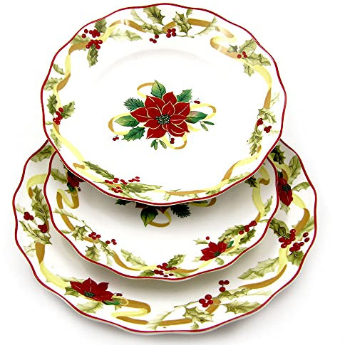 The Royal Family Servizio Piatti Natalizio Decoro Stella di natale con nastro dorato 6 posti tavola (18 Pezzi) in Porcellana Lucente e Resistente - Adatto a lavastoviglie e Forno - Christmas Star