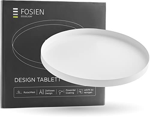 FOSIEN® Design Tablett Schwarz aus Metall mit Anti Rutsch Beschichtung auf der Unterseite/dekoteller als rundes tablett mit zeitlosem Design, als deko Schale für deko Haus (Classic White)