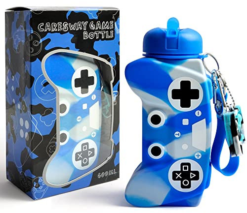 CARESWAY Kinder Trinkflasche mit Schlüsselanhänger - 600ml Mädchen und Jungen Spiel Trinkflasche Für Schule - Auslaufsicher Wiederverwendbar BPA Frei für Kinder Getränke (Blau)