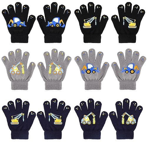 QKURT 6 Pares de Guantes Mágicos Infantiles, Guantes de Invierno Térmicos dedos Completos Guantes para Niños Dinosaurios/Excavadoras para Niños Niñas