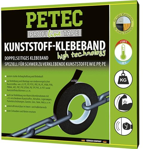 PETEC Doppelseitiges Klebeband extra stark in schwarz für Kunststoffe 10 m | Kunststoff Kleber (PE, PP, ABS) für schwer zu verklebende Materialien 87210