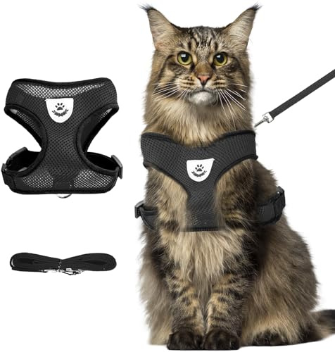 Black Green Cat Harness and Leash Set, Soft Mesh Adjustable Reflective, Size XL