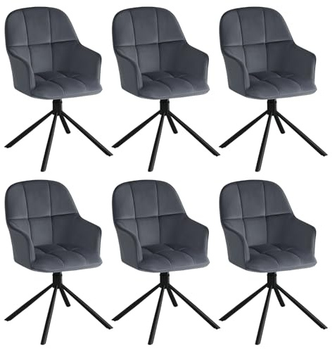 Lestarain Matrumsstolar roterbara, set om 6, Snurrstolar, Köksstol roterbar, Stoppad stol, med armstöd ryggstöd, för matsal vardagsrum, Sammet, Metallben, Mörkgrå, LCNI126001-6
